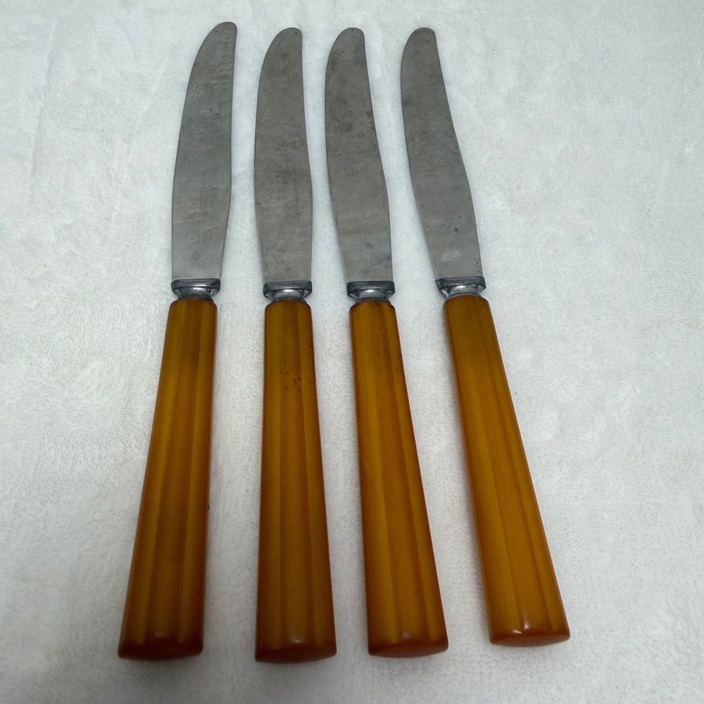 VTG Butterscotch‎ Bakelite Handle Dinner Knives Stainless Steel Set of 4 MCM